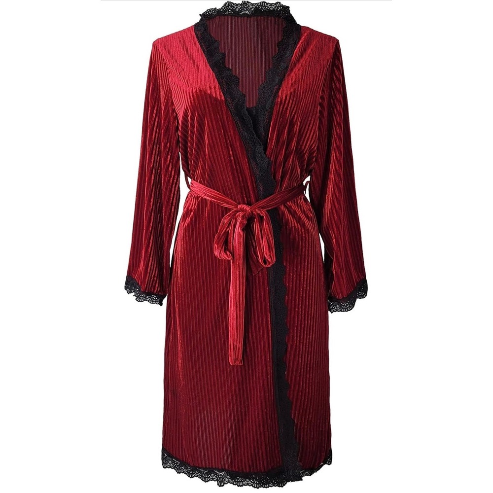 Velvet Robe Womens OS Red Black Lace Trim Pleated Long Sleeve Kimono Boudoir